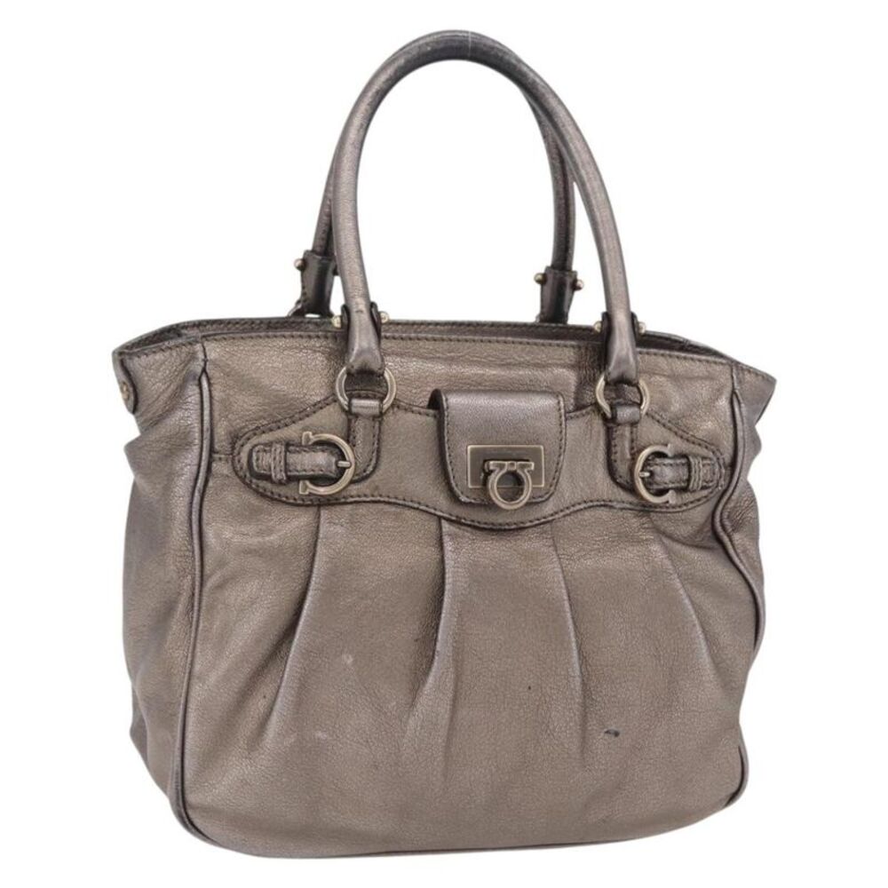 Salvatore Ferragamo Gancini Top Handle Leather Silver Leather Handbag